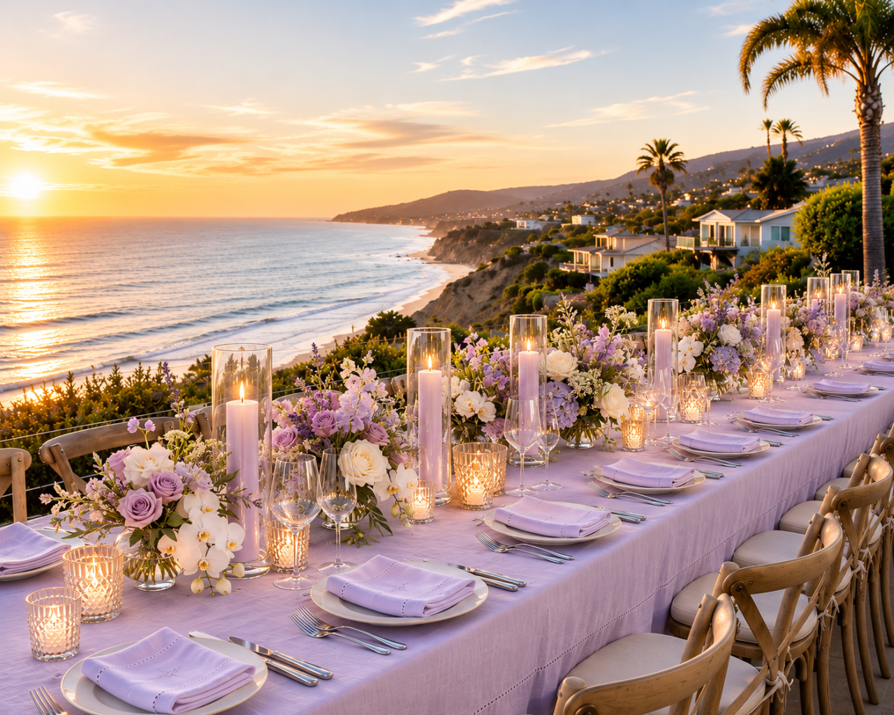 Elegant outdoor dining table at a luxury coastal private estate overlooking the Pacific Ocean, featuring lavender and white floral arrangements, candlelight, and panoramic sunset views.