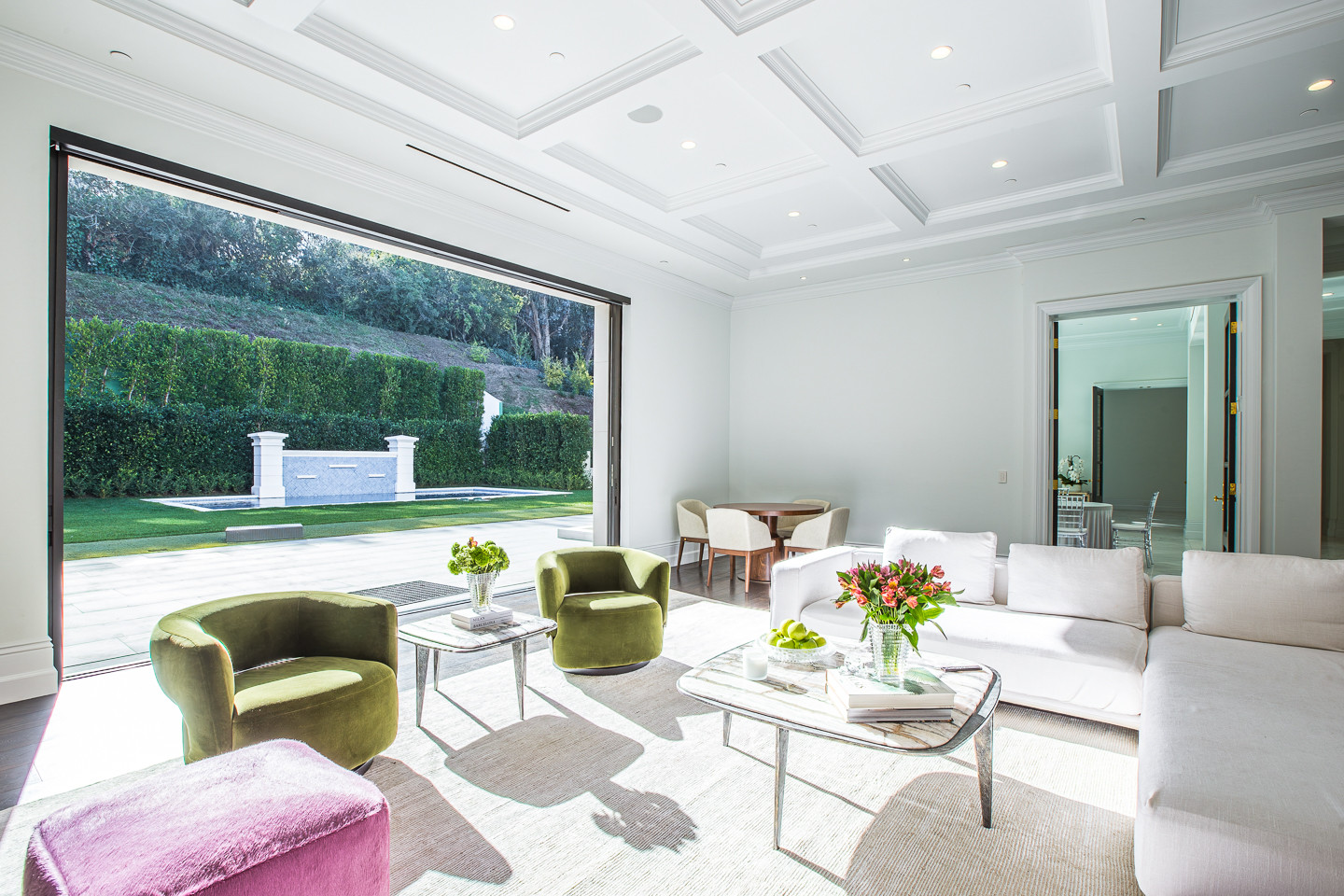 Expansive indoor-outdoor terrace connecting the great room to the private gardens at this Los Angeles event estate.