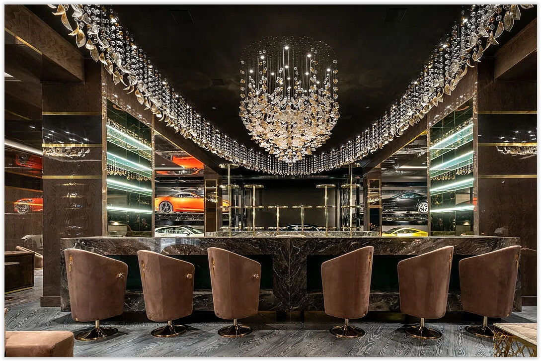 Custom Designer Bar with dramatic chandeliers