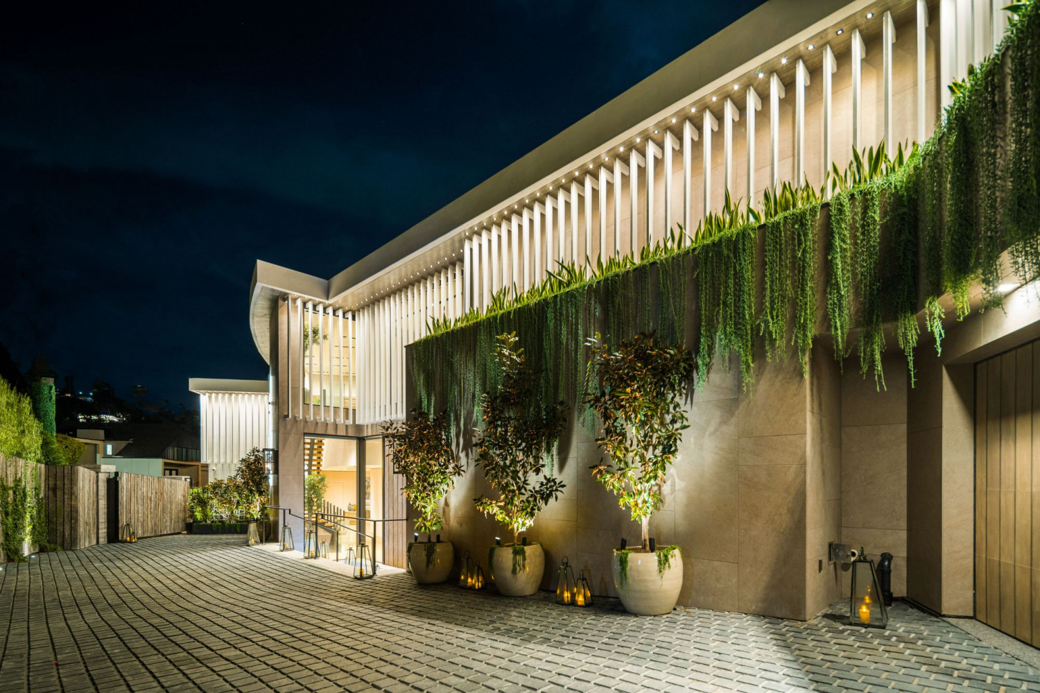 Contemporary Los Angeles estate entrance with striking modern architecture