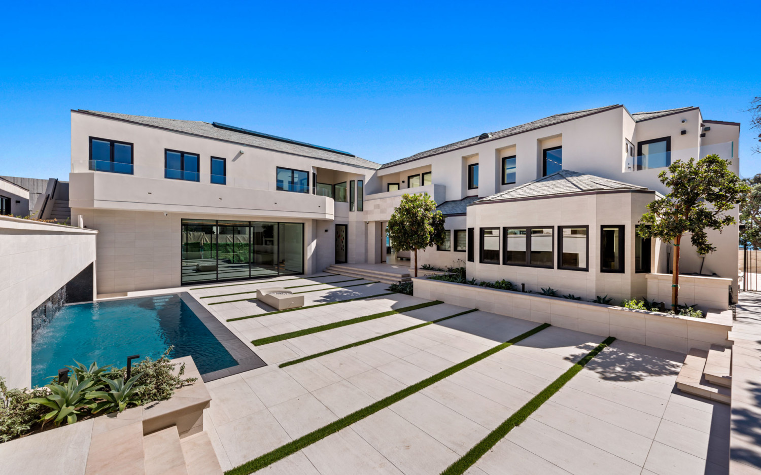 Contemporary architectural detail of Malibu oceanfront estate exterior