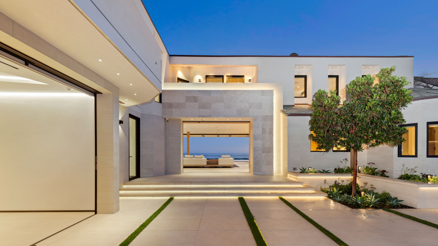 Contemporary architectural detail of Malibu oceanfront estate exterior