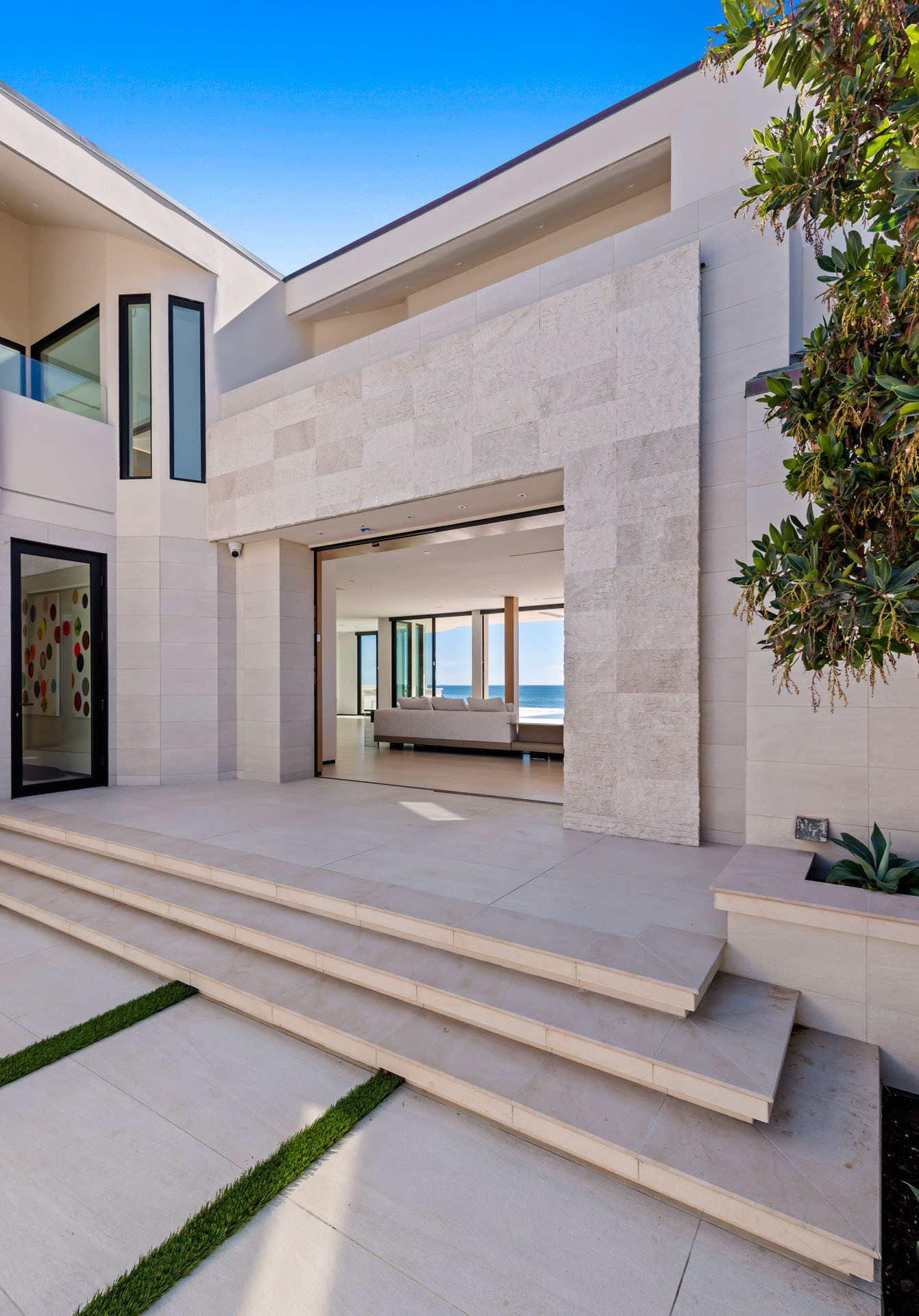 Contemporary architectural detail of Malibu oceanfront estate exterior