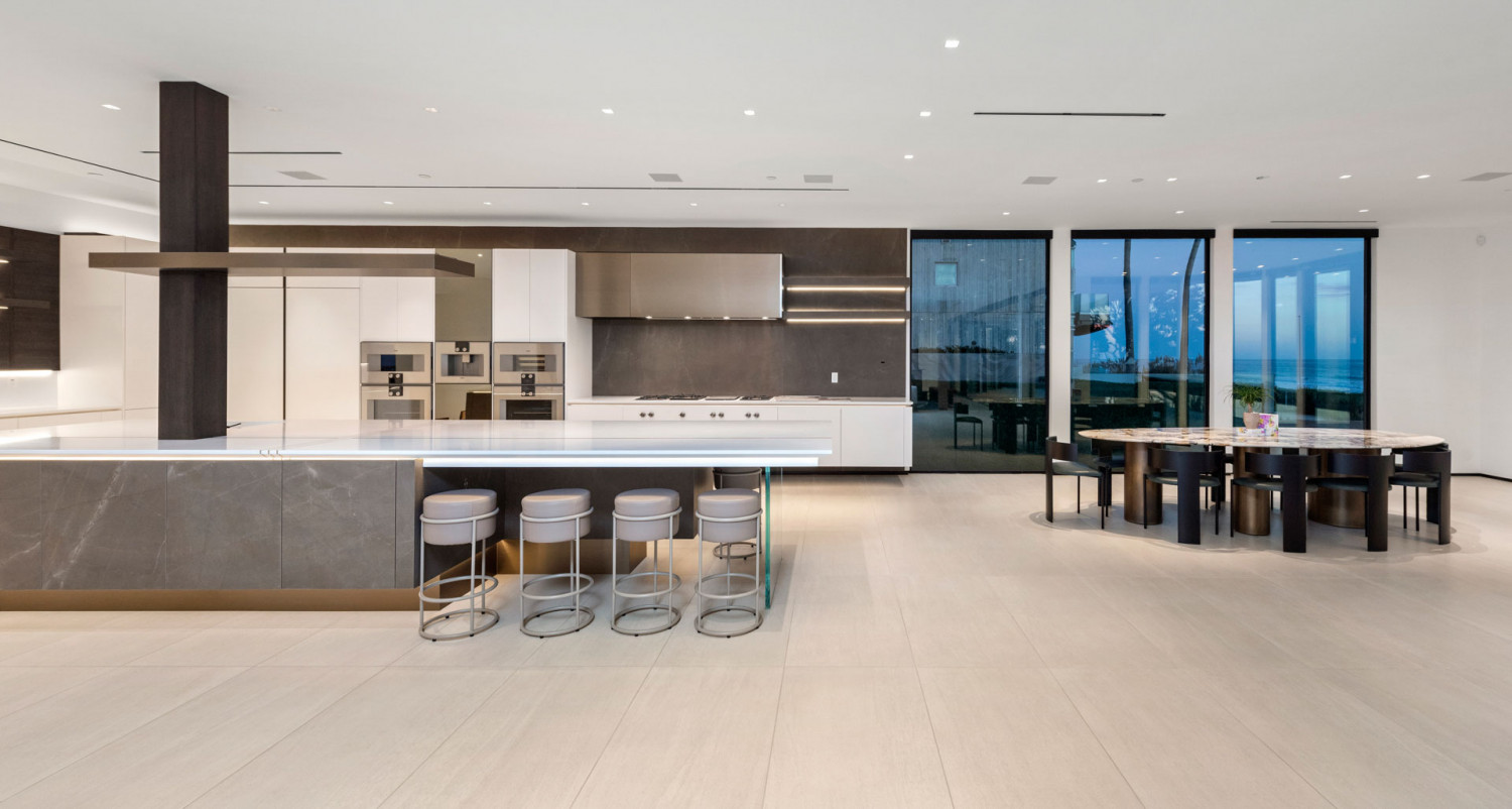 Luxury kitchen island inside Malibu beachfront estate with modern finishes