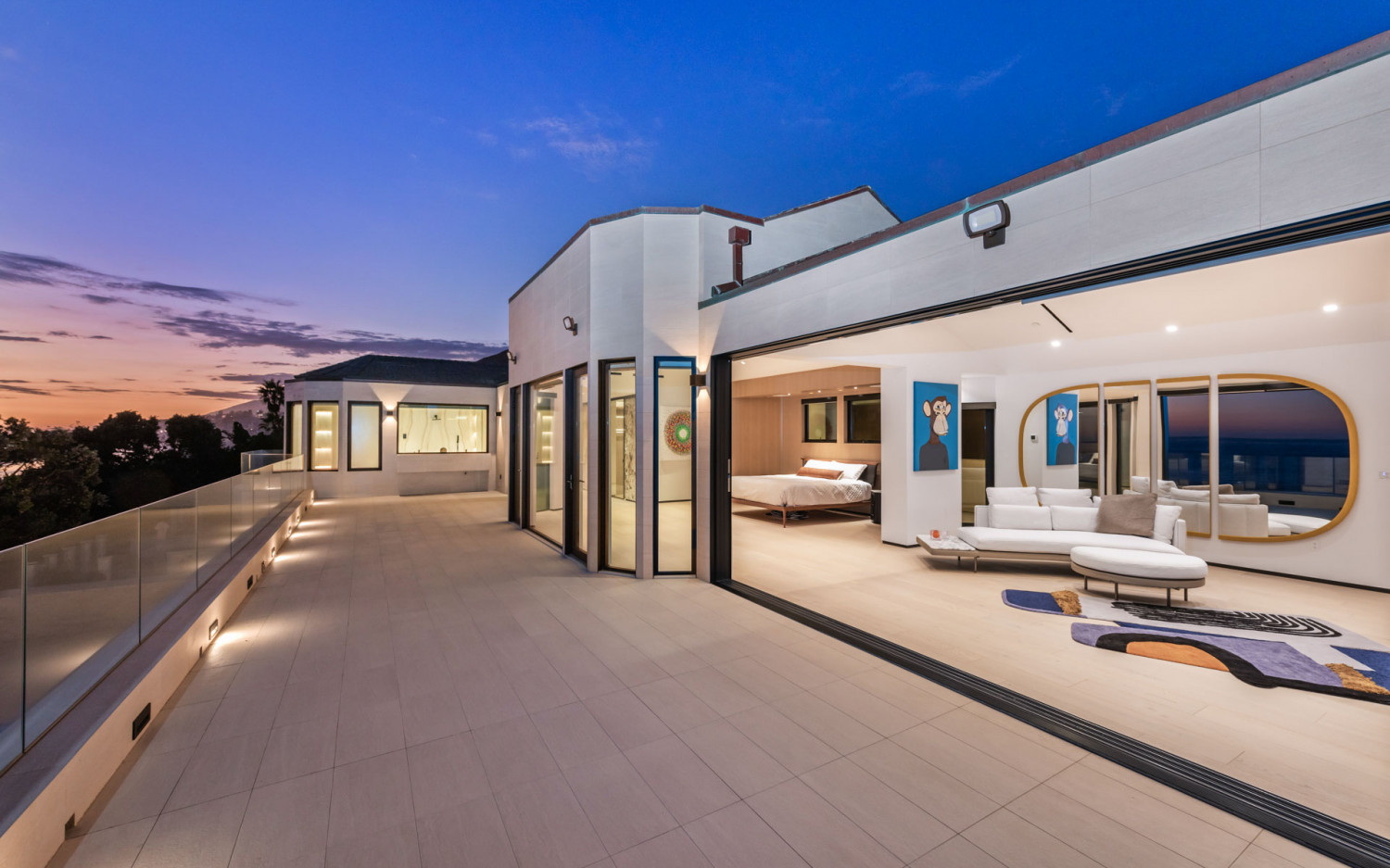 Malibu beachfront estate living room with floor to ceiling ocean views