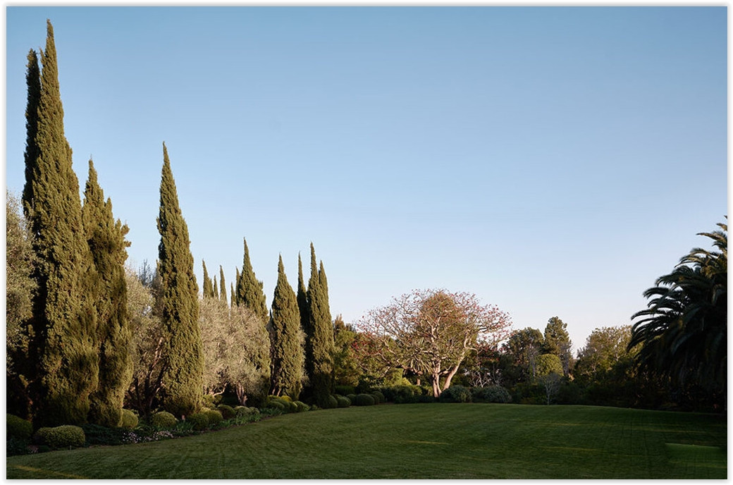 Expansive lawn surrounded by cypress trees and mature gardens at Bel Air estate C199-BA