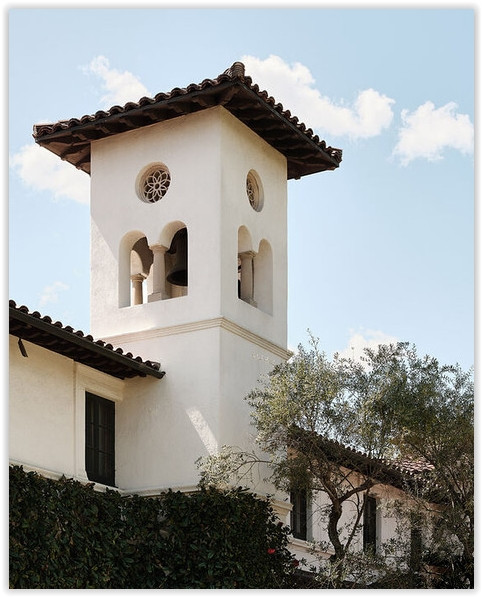 Mediterranean bell tower detail at C199-BA private estate in Bel Air