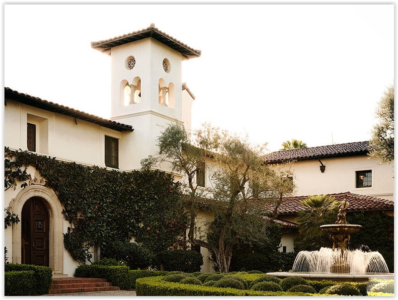 Bel Air Mediterranean estate courtyard with fountain, bell tower and formal gardens