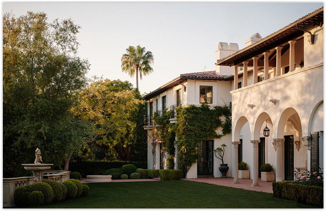 Elegant Bel Air estate courtyard with fountain, balconies and Mediterranean architecture