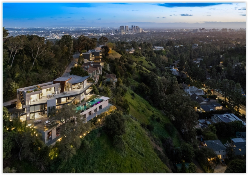 Aerial view of D804-BH Beverly Hills modern private estate with panoramic Los Angeles city views