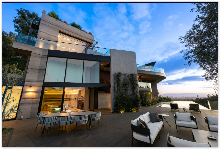 Beverly Hills modern estate with outdoor dining terrace, lounge seating and city views