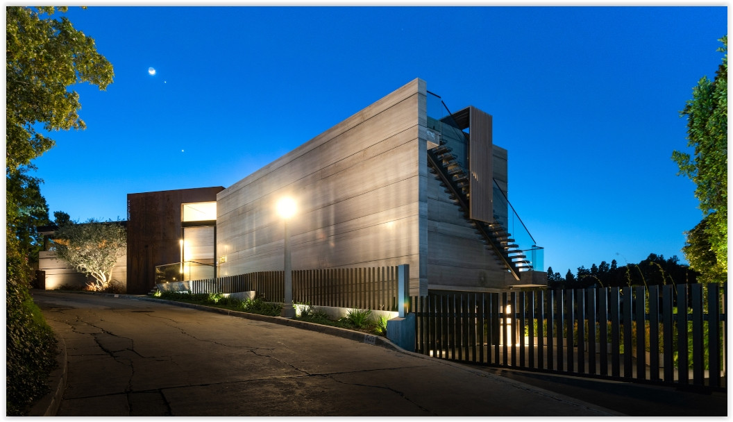 Architectural exterior entrance of D804-BH modern Beverly Hills estate at dusk