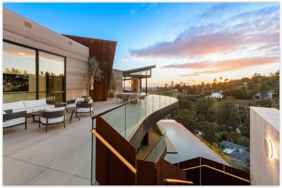 Sunset terrace at D804-BH Beverly Hills modern estate with panoramic hillside views
